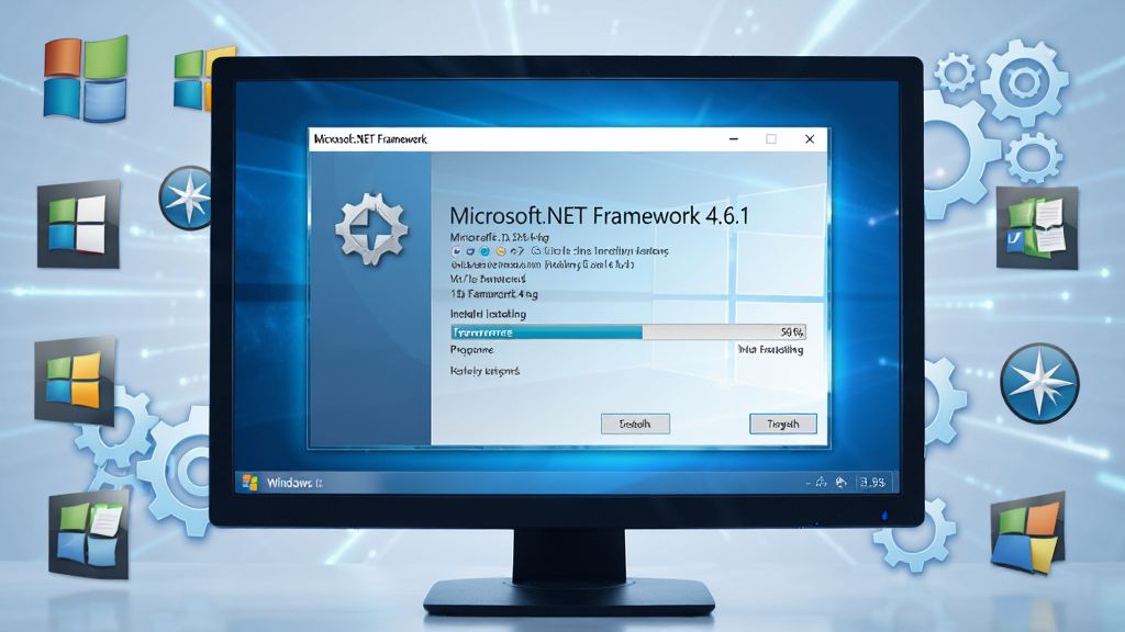 主体:一台运行Windows系统的电脑屏幕前,显示着“Microsoft.NET Framework 4.6.1”的安装界面,周围环绕着各种软件图标和齿轮元素。布局:居中构图,画面主体突出。排版:界面文字清晰可辨。风格:现代科技感,色调以蓝色和白色为主。细节:界面进度条显示安装中,背景有微微的光效。画质:高清,干净,无多余元素。