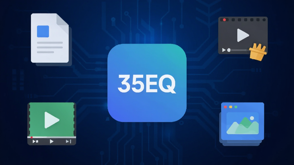 35EQ主视觉图,画面中央为现代简约风格的软件图标,四周环绕着文档、影音播放、系统清理、性能监控等图形元素,背景为深蓝色科技感渐变,整体布局平衡,排版清晰,扁平化设计风格,细节丰富,画质清晰干净,无多余元素