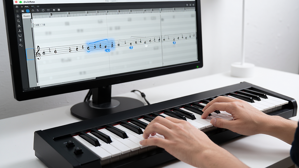 展示QuickMake简谱软件的MIDI键盘录入场景,画面中一位用户的手指在黑色MIDI键盘上弹奏,电脑屏幕上QuickMake简谱软件的界面实时显示出对应的简谱音符,界面中有高亮的音符输入提示,整体氛围专注而专业,画质高清,布局合理,干净无杂物。