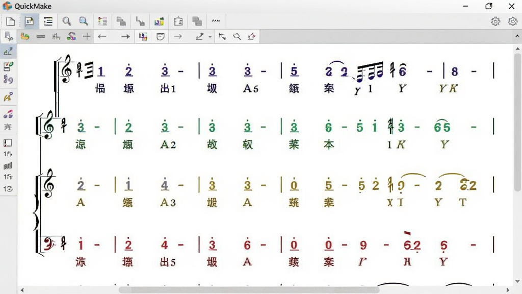 QuickMake简谱软件编辑界面中显示一首多声部合唱简谱,谱面上有四个声部,每个声部的音符颜色不同,歌词文本精准对齐在音符下方,字体清晰,版面整洁,软件界面采用浅灰色调,功能区域划分明确,画质细腻。