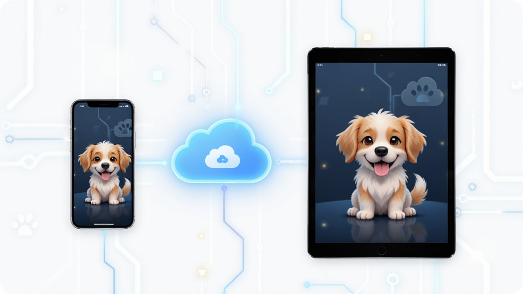 Cloud Pet���豸ͬ��ʾ��ͼ��������ֻ����Ҳ���ƽ����ԣ��м�ͨ��������ƶ����ӣ���������ͬʱ������������Ļ�ϣ������Ǽ��ĿƼ�������������ִ��������������ɾ��޶���Ԫ��
