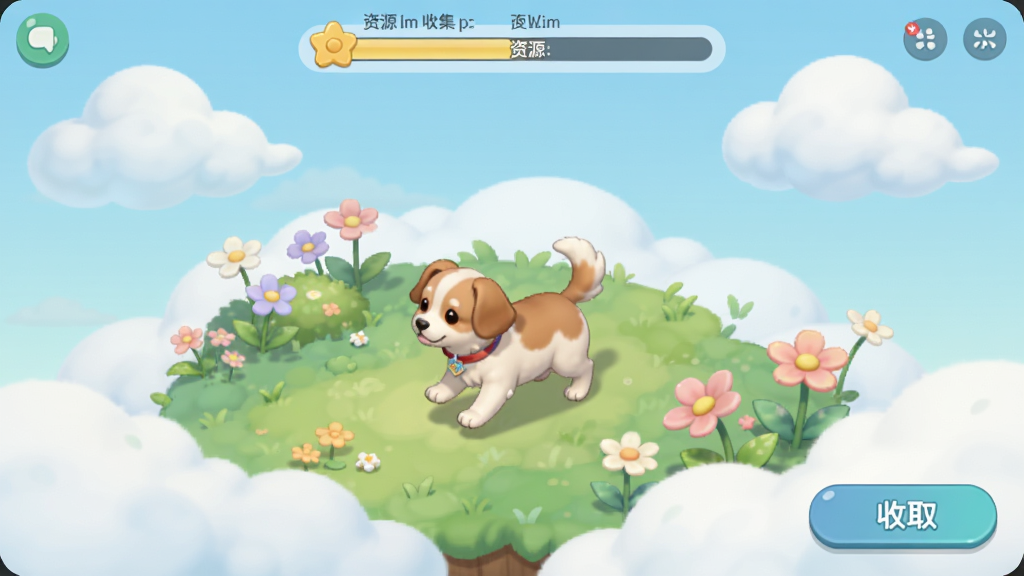 Cloud Pet�һ��淨���棬�������ƶ˻�԰���Զ�ɢ����ͷ����ʾ��Դ�ռ����������������½�����ȡ��ť����Χ��Ʈ�����ƶ�ͻ��䣬������£�ɫ����ͣ����ʸ��壬�ɾ��޶���Ԫ��