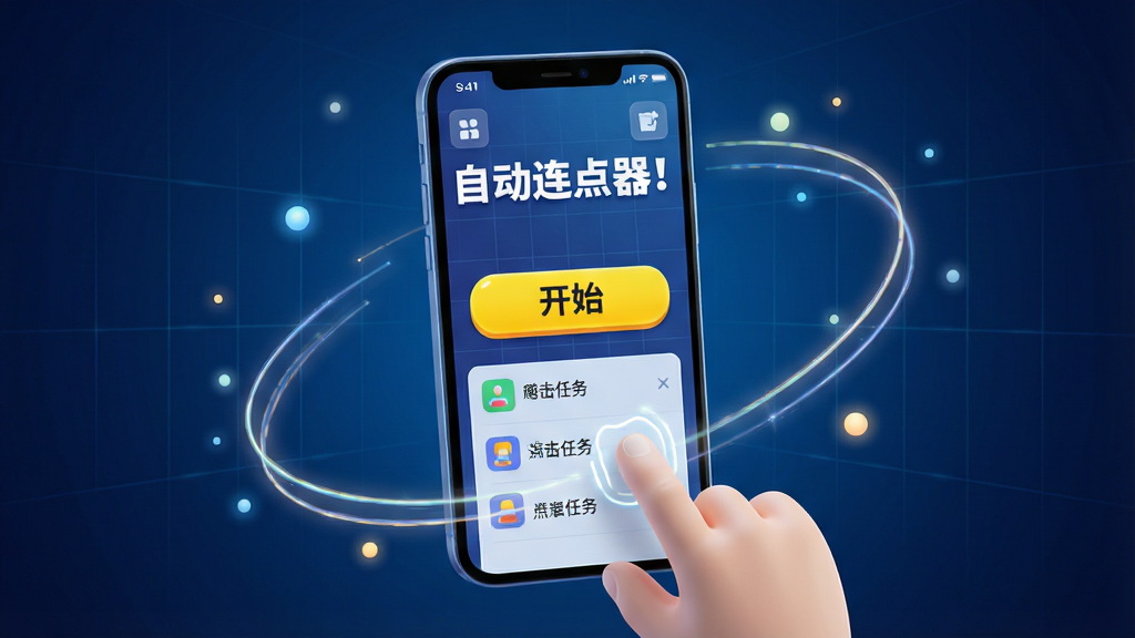 主体:一只智能手机悬浮在画面中央,屏幕显示“自动连点器!”主界面,界面有醒目的“开始”按钮和一些点击任务列表,手机下方有两只虚拟手指在屏幕上点击;布局:手机居中,周围环绕着流畅的点击轨迹线条和浮动的光点,背景是深蓝色科技感渐变;排版:手机屏幕上的文字清晰可读,标题“自动连点器!”使用白色粗体,按钮为亮黄色,整体文字布局简洁;风格:现代科技风,3D渲染,高光质感,色彩明快;细节:手机屏幕上有几个小图标代表不同功能,背景有网格线,光线柔和;画质:8K超高清,细节丰富,画面干净,无多余元素。