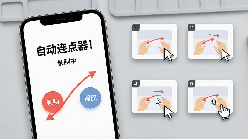 主体:智能手机屏幕展示“自动连点器!”的录制功能界面,界面上有“录制”按钮和一条红色的操作轨迹线,旁边有“播放”按钮;布局:手机位于左侧,右侧悬浮着几个操作步骤的示意图,背景为浅灰色工作台;排版:屏幕上的文字“自动连点器!”和“录制中”清晰可见,使用黑色无衬线字体,界面元素排列整齐;风格:扁平化UI设计,色彩清新,搭配柔和阴影;细节:轨迹线带有箭头指示,步骤示意图有数字编号,鼠标指针虚拟点击动作;画质:4K高清,干净明亮,无多余元素。