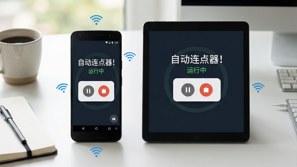 主体:一部安卓手机和一个平板电脑并排,屏幕上都显示“自动连点器!”的运行界面,有悬浮窗控制按钮;布局:设备居中,背景为干净的办公桌,有咖啡杯和笔记本;排版:屏幕上显示“自动连点器!”和“运行中”状态,字体清晰;风格:写实摄影风格,自然光线,色彩柔和;细节:悬浮窗显示暂停和停止图标,设备周围有Wi-Fi和数据连接图标;画质:高清,细节丰富,干净无多余元素。