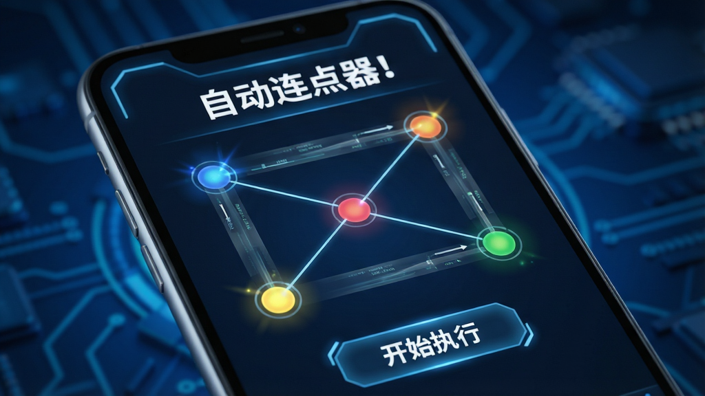 主体:一个手机屏幕的放大特写,屏幕上显示“自动连点器!”的触控设置页面,有多个不同的彩色圆点分布在屏幕各处,并用线条连接;布局:手机屏幕占据画面中心,背景为模糊的深蓝色科技元素;排版:屏幕上方有“自动连点器!”字样,下方有“开始执行”按钮,文字为白色;风格:科技感HUD界面风格,带有闪烁的光效;细节:每个圆点代表一个触控点,线条表示滑动路径,有半透明的数据流;画质:高清渲染,光影效果出色,干净无多余元素。