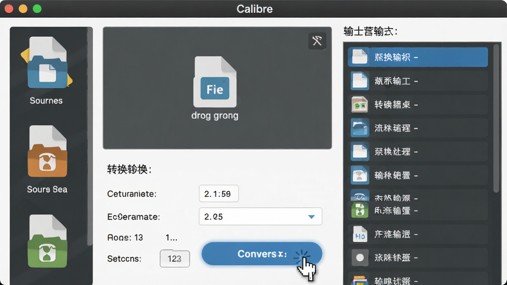 主体:Calibre软件格式转换界面,左侧为源文件图标,右侧为输出格式选项列表。布局:上下结构,上方显示文件拖拽区域,下方为转换参数设置。排版:简洁明了,突出功能按钮。风格:扁平化设计,配色清新。细节:鼠标指针点击转换按钮。画质:高清晰度,界面元素锐利,干净整洁。
