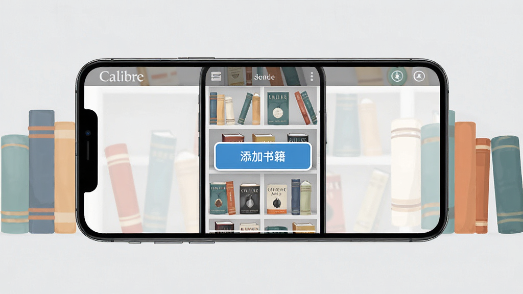 主体:Calibre软件在手机上的界面展示,手机横屏显示书架。布局:中央为手机屏幕,两侧有装饰性书本图形。排版:突出移动端操作便利性。风格:干净清爽,背景淡灰色。细节:屏幕上有“添加书籍”按钮高亮。画质:高清,无多余元素。