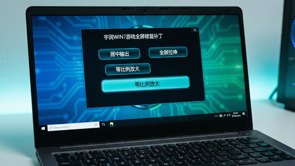 特写笔记本电脑键盘与屏幕,屏幕中显示“宇润WIN7游戏全屏修复补丁”的GPU缩放设置面板,界面有“居中输出”、“全屏拉伸”、“等比例放大”三个选项按钮,当前高亮选择“等比例放大”,画面科技感十足,蓝绿色调,细节清晰,风格简洁现代,干净无杂物