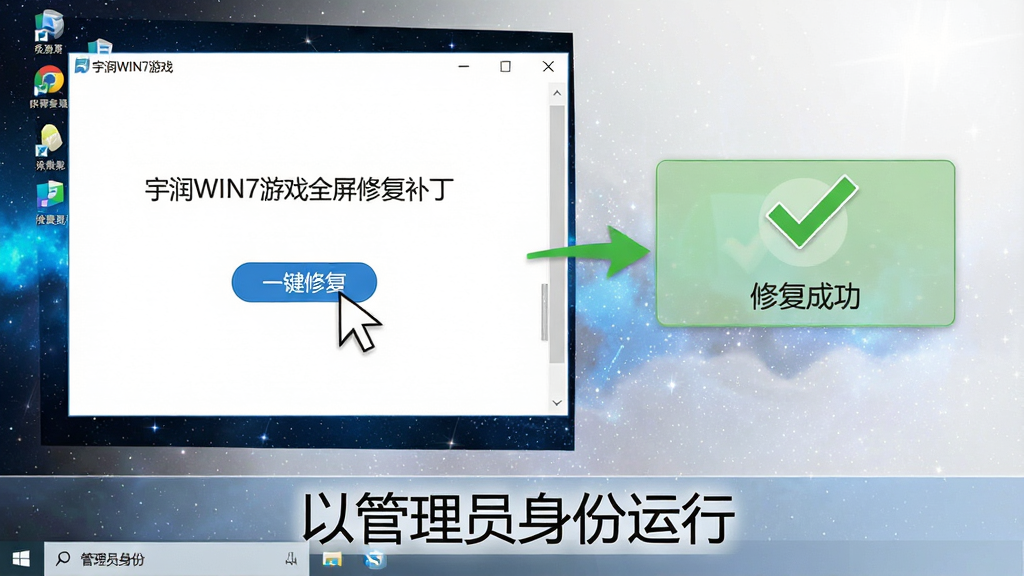 一个分步操作示意图,画面左侧为“宇润WIN7游戏全屏修复补丁”主界面,鼠标箭头悬停在“一键修复”按钮上;右侧弹出绿色对勾的“修复成功”提示框,桌面背景为星空壁纸。下方配以文字栏说明“以管理员身份运行”,整体风格简洁明快,指示清晰,画质干净,无杂乱元素