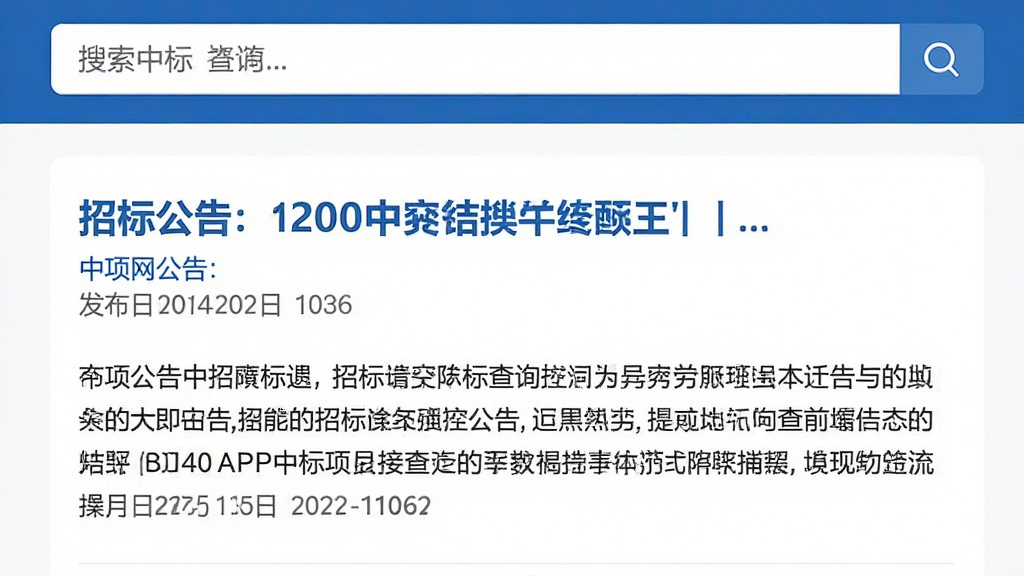 中项网APP招中标查询结果页面,显示招标公告标题、发布日期和摘要,搜索框位于顶部,背景白色,界面简约商务,高清细节展示,干净无多余元素。
