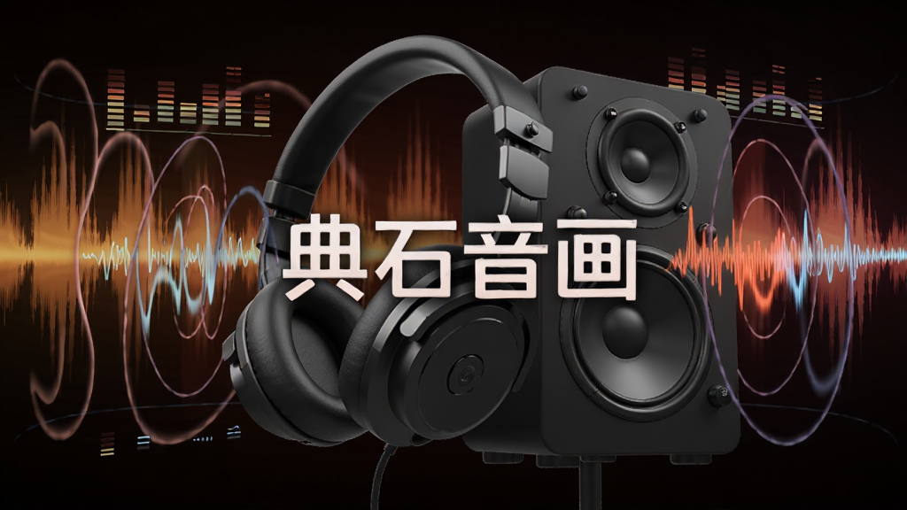 耳机与音响的3D渲染图,周围环绕着声波和均衡器频谱线条,背景为暖色调的音频波形图,中央浮现“典石音画”字样,整体风格现代且富有音乐动感,画质高清,干净无多余元素
