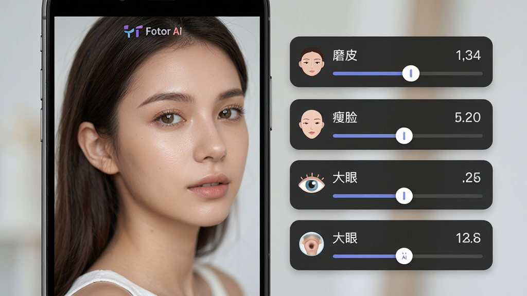 主体:Fotor软件的AI人像精修界面,屏幕中显示一位年轻女性的半身像,右侧浮动着“磨皮”、“瘦脸”、“大眼”等调节滑块。布局:手机界面竖向展示,左侧为人物预览,右侧为可拖动的参数调节条,每项功能带有小图标。排版:滑块垂直排列,功能名称清晰,当前数值以数字显示。风格:时尚人像摄影与UI设计结合,柔和光线,背景简洁虚化。细节:人物皮肤质感细腻,眼神光自然,滑块上标有“Fotor AI”字样。画质:高清人像渲染,干净无多余元素。