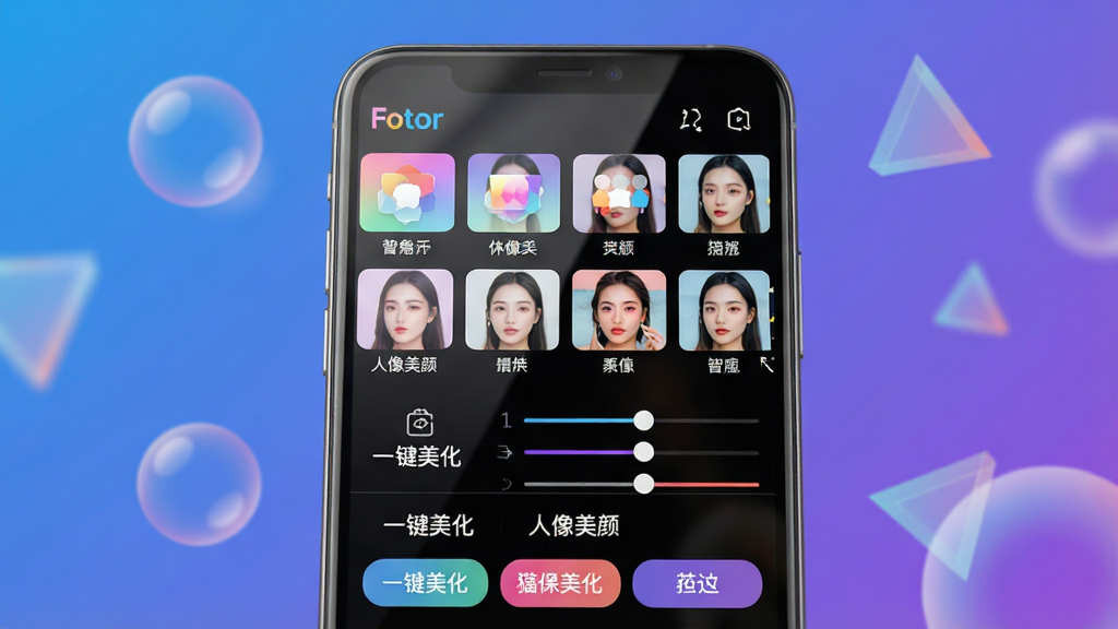 主体:Fotor软件的功能展示界面,中心是一块智能手机屏幕,屏幕上展示着Fotor的主编辑页面,包含丰富的滤镜图标、调节滑块和功能按钮。布局:手机屏幕置于画面中央偏上,背景为渐变蓝紫色,周围漂浮着半透明的几何图形如圆形、三角形,代表创意元素。排版:屏幕内界面元素清晰,滤镜缩略图排列成两行,下方有“一键美化”、“人像美颜”等文字标签。风格:现代科技感,明亮通透,色彩鲜艳。细节:屏幕反光自然,光影细腻,背景虚化。画质:高清渲染,干净无多余元素。