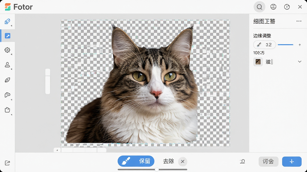主体:Fotor软件的智能抠图功能操作界面,屏幕中央是一只毛发清晰的猫咪图片,背景已被自动抠除变为透明棋盘格。布局:主编辑区显示猫咪,下方有“保留”、“去除”两个画笔工具图标,右侧有“边缘调整”选项。排版:操作按钮位于底部工具栏,功能区域标识明确。风格:简洁工具风格,浅灰色调。细节:猫咪毛发边缘处理细腻,无残留背景,透明区域显示灰白格子。画质:高清放大细节,干净无多余元素。