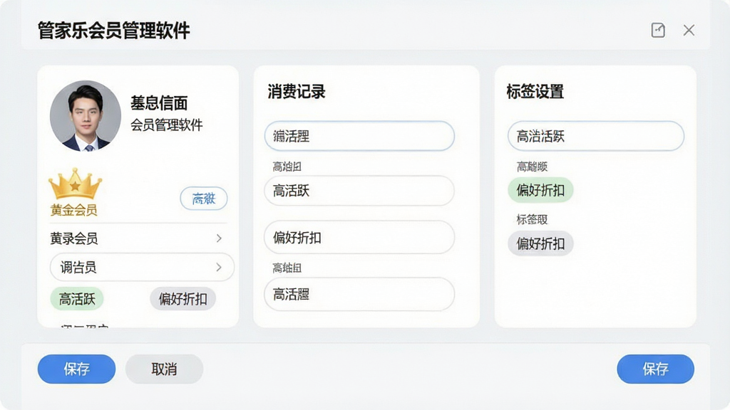 主体:管家乐会员管理软件的会员档案编辑页面;布局:左侧为会员头像和基本信息栏,右侧为消费记录和标签设置区域;排版:表单字段整齐排列,保存和取消按钮置于底部;风格:清爽的商务风格,背景为浅灰色,表单使用圆角输入框;细节:会员等级标注为“黄金会员”,标签包括“高活跃”“偏好折扣”,界面右下角有“保存”蓝色按钮;画质:高清晰度,干净无杂乱元素