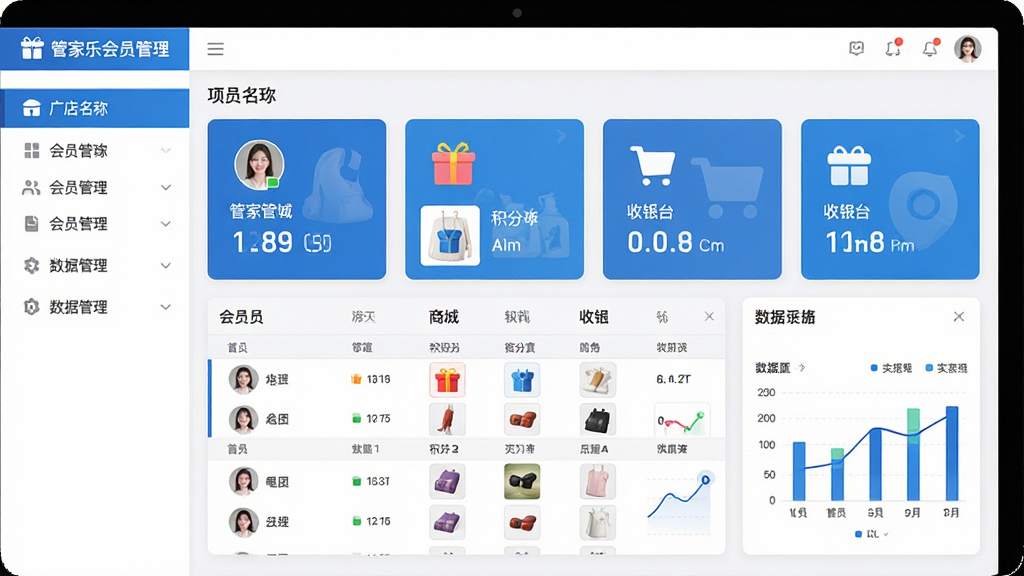 主体:管家乐会员管理软件主界面展示,包含会员列表、积分商城、收银台、数据图表等核心模块;布局:左侧功能导航栏,右侧主工作区,顶部显示门店名称和当前操作员;排版:清晰的信息层级,卡片式统计面板,数据表格排列有序;风格:现代扁平化设计,主色调为蓝色和白色,界面明亮干净;细节:屏幕上显示“管家乐会员管理”字样,各模块带有小图标,会员头像和商品缩略图清晰可见;画质:高清渲染,干净无多余元素
