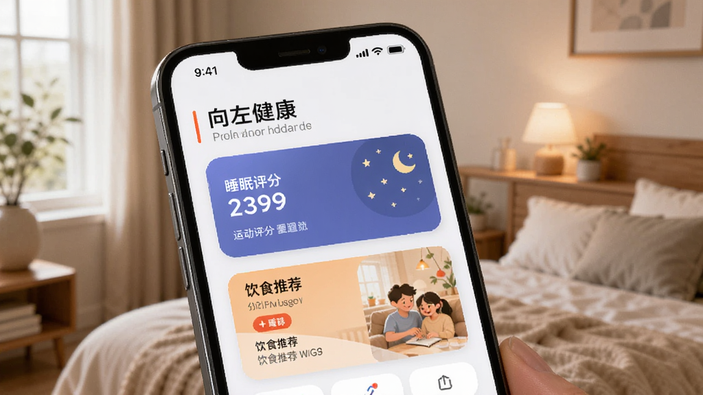 图片描述:手机屏幕特写展示“向左健康”的个性化建议页面,页面有睡眠评分、运动提醒、饮食推荐卡片,背景是温馨的室内环境,手机界面UI风格柔和,画面干净,细节丰富。
