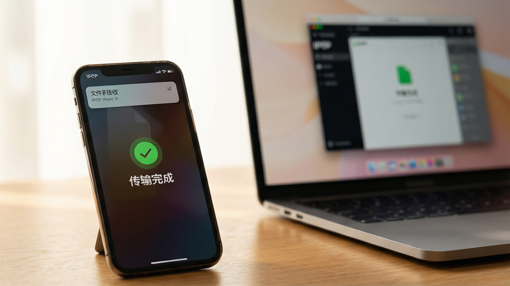 主体:一部智能手机和一台笔记本电脑并排放在木质桌面上,手机屏幕显示着文件传输成功的界面,电脑屏幕显示着IPOP软件界面。布局:手机在左,电脑在右,手机屏幕内容特写清晰,电脑作为背景辅助,画面温暖明亮。排版:画面聚焦于手机屏幕上的