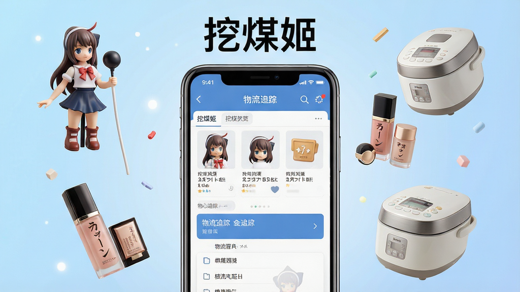 一张展示挖煤姬App核心功能的合成预览图,画面中央是一部智能手机,屏幕内显示商品浏览列表和物流追踪界面,手机周围漂浮着日本特色商品如手办、化妆品、电饭煲等,背景为浅蓝色渐变,整体布局清晰,风格现代简约,细节丰富,画质高清干净,无多余元素,屏幕中上方显示文字“挖煤姬”