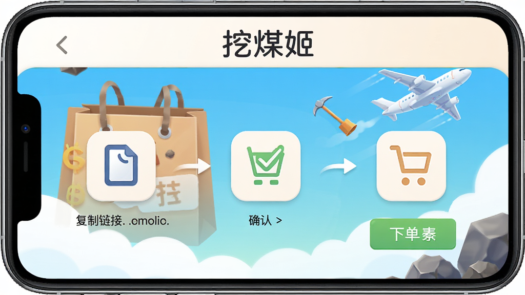 挖煤姬App的购物流程界面预览图,手机屏幕展示从复制链接到提交代购订单的简洁三步流程图,图标分别为复制、确认、下单,背景有购物袋和飞机元素,色彩明快,布局清晰,细节精致,画质高清干净,无多余元素,界面顶部显示“挖煤姬”字样