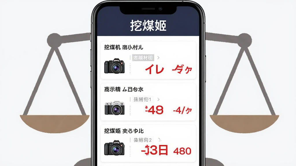 挖煤姬App的商品比较功能预览图,手机屏幕显示同一款相机在三个不同日本电商网站的价格对比列表,价格用醒目红字标出最低价,背景有天平图案,风格商务简约,色彩对比清晰,细节丰富,画质高清,无多余元素,屏幕上方显示“挖煤姬”