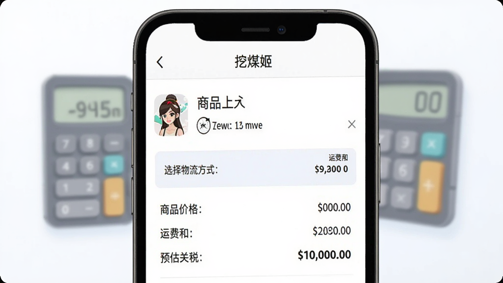 挖煤姬App的费用估算界面预览图,手机屏幕显示一件商品的重量、选择物流方式后自动计算出的总费用明细,包括商品价格、运费和预估关税,背景有计算器图标,风格简洁明了,配色清爽,细节清晰,画质高清,无多余元素,屏幕上方显示“挖煤姬”