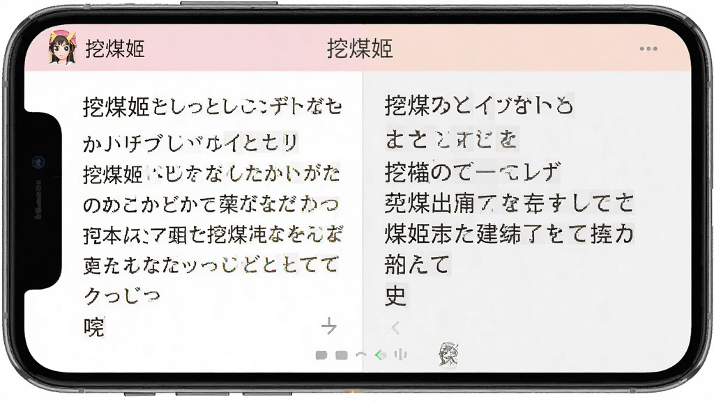 挖煤姬App的界面截图预览图,手机屏幕显示一个日文商品页面被即时翻译成中文的过程,左右分屏对比,左侧是原始日文,右侧是清晰的中文翻译,界面风格清爽,色彩柔和,细节丰富,画质高清干净,无多余元素,屏幕上方显示应用名称“挖煤姬”