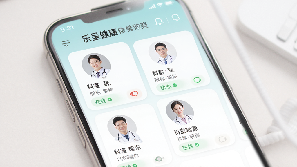 在线问诊功能界面预览图,主体为手机屏幕展示乐呈健康APP的医生列表页,包含医生头像、科室、职称和在线状态,布局采用卡片式排列,色调清新柔和,排版有序,风格专业温馨,画质高清,干净无多余元素。