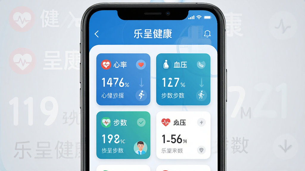一张展示乐呈健康APP在智能手机上运行的界面截图,主体为手机屏幕中央显示健康数据看板,包含心率、血压、步数等指标卡片,布局清晰,采用蓝色系医疗风格,排版简洁大方,背景为浅灰色渐变,画质高清,干净无多余元素,突出“乐呈健康”品牌名称与界面设计。