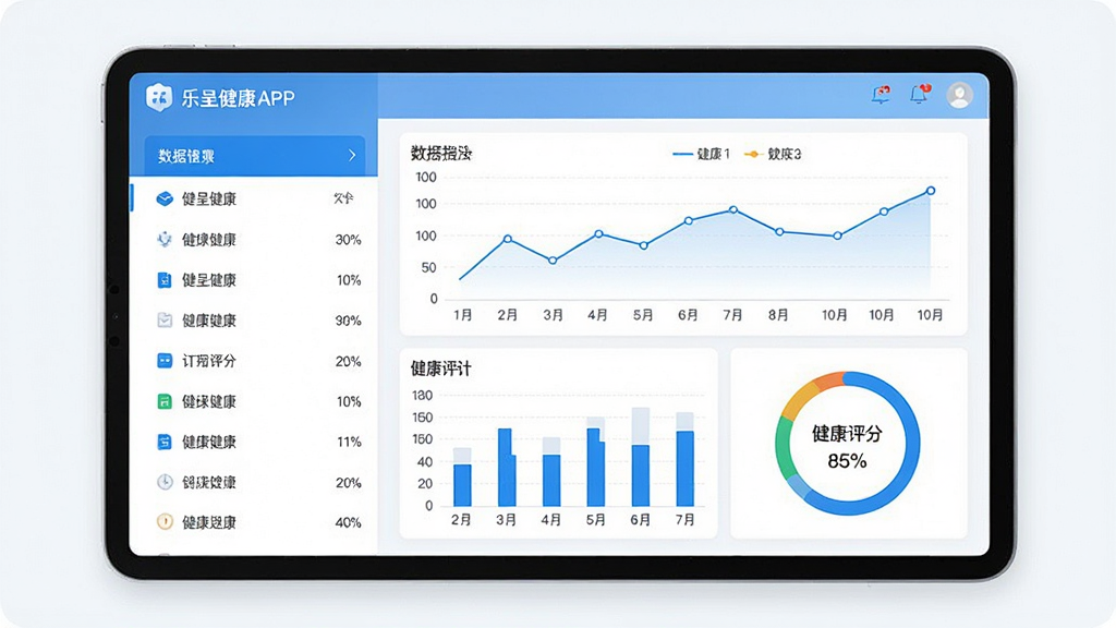 一张健康数据管理界面预览图,主体为平板电脑展示乐呈健康APP的图表页面,包含折线图、柱状图和健康评分环,布局采用左右分栏,左侧为数据列表,右侧为图表区域,排版规整,风格现代简约,以蓝白为主色调,画质清晰,干净无多余元素。