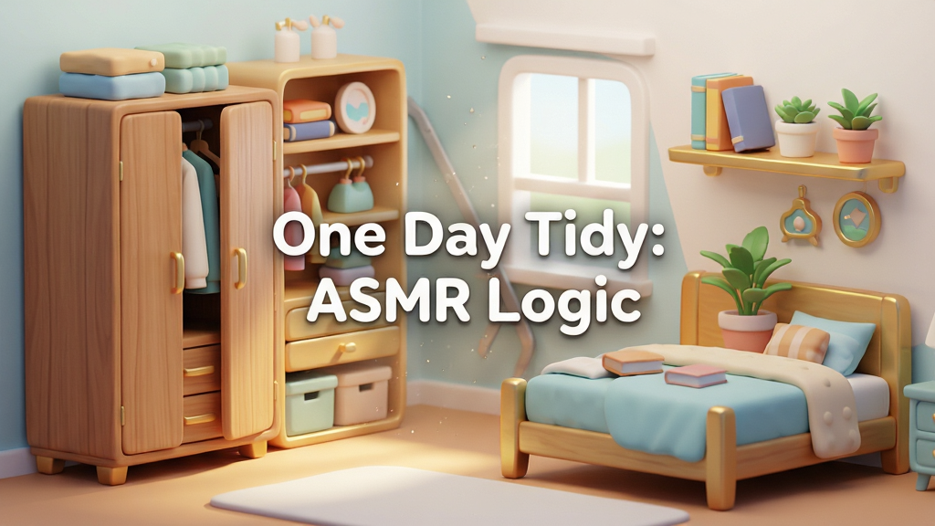 ���壺��Ϸ�����棬չʾһ���������������һ�ǣ�����������������Ϸ���ơ�One Day Tidy��ASMR Logic�������֣����Ϊ������ɵ�ľ���¹�������ܣ��Ҳ�Ϊ����������Ʒ�����鱾����ֲ��װ�ΰڼ����м������Ӿ������ߣ��Ű棺���ô������µĿռ乹ͼ����Ʒ��С�Ա�ǿ�ң�ͻ������ǰ��ķ���У�������±�ƽ�����3D�ʸУ�ɫ��������ͣ�Ӫ����ܰ������Χ��ϸ�ڣ���Ʒ��Ե��΢���Ľ�ɫ�߹⣬����Ͷ�������Ӱ����������ϸ΢Ư���ĳ������ӣ����ʣ�4K������Ⱦ������ɾ�ͨ͸���޶���Ԫ�ء�