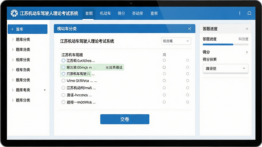 一张展示江苏机动车驾驶人理论考试系统主界面的高清截图,画面中央为模拟考试答题页面,左侧是题库分类导航,右侧为答题进度与得分统计,整体布局清晰,配色以蓝白为主,风格简约现代,细节包括题目选项、交卷按钮,画质清晰,干净无多余元素,图片中文字显示“江苏机动车驾驶人理论考试系统”
