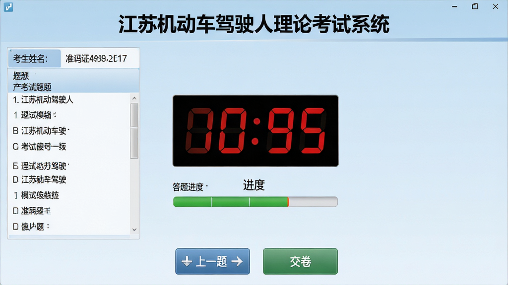 展示江苏机动车驾驶人理论考试系统模拟考场的界面截图,画面中央为倒计时时钟和答题进度条,左侧是题目选项,底部有上一题下一题和交卷按钮,背景为淡蓝色,风格严谨正式,细节包括考生姓名和准考证号,画质清晰,干净无多余元素,图片中文字显示“江苏机动车驾驶人理论考试系统”