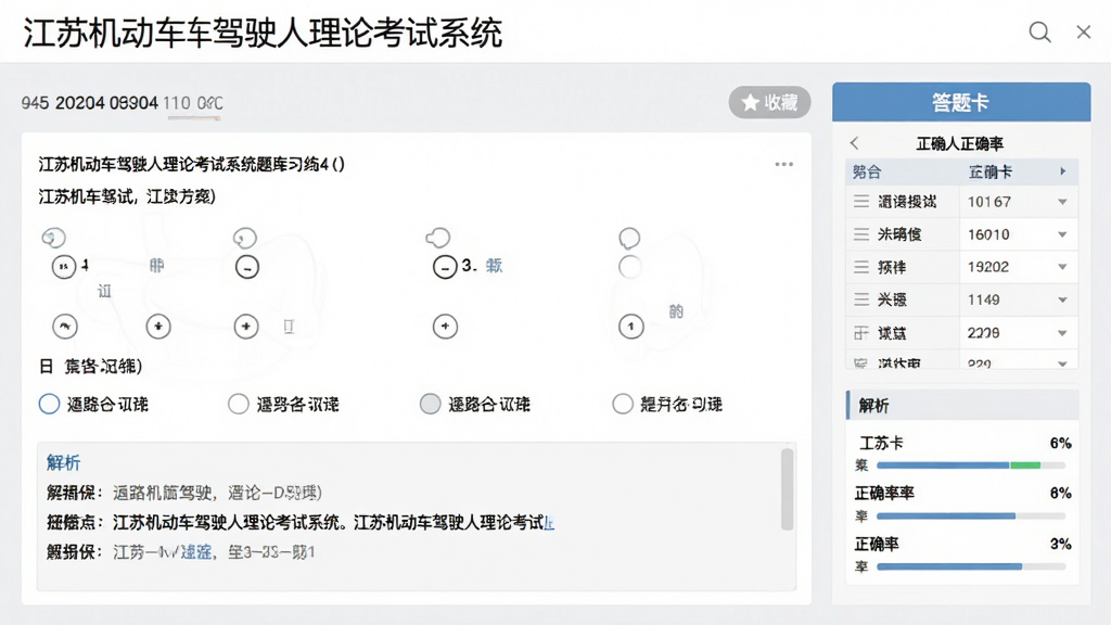 展示江苏机动车驾驶人理论考试系统题库练习界面的截图,画面展示一道道路交通安全法规选择题,下方有四个选项及解析区域,右侧显示答题卡和正确率统计,背景为浅灰色,风格简洁明了,细节包含题目编号和收藏按钮,画质清晰,干净无多余元素,图片中文字显示“江苏机动车驾驶人理论考试系统”