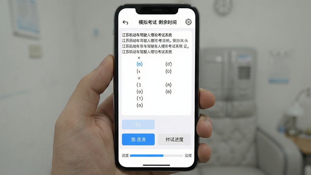 展示江苏机动车驾驶人理论考试系统在手机上的运行界面,画面中央为一道选择题,下方有选项按钮和进度条,顶部显示模拟考试剩余时间,背景为白色,风格简洁,细节包括返回键和设置图标,画质清晰,干净无多余元素,图片中文字显示“江苏机动车驾驶人理论考试系统”