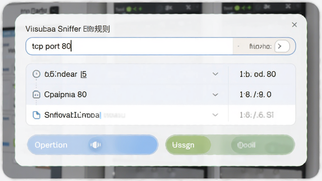 Visual Sniffer过滤规则设置界面,输入框内填写tcp port 80,下方为规则列表,浅色背景,操作按钮圆润,风格简洁明快,高分辨率,无多余元素