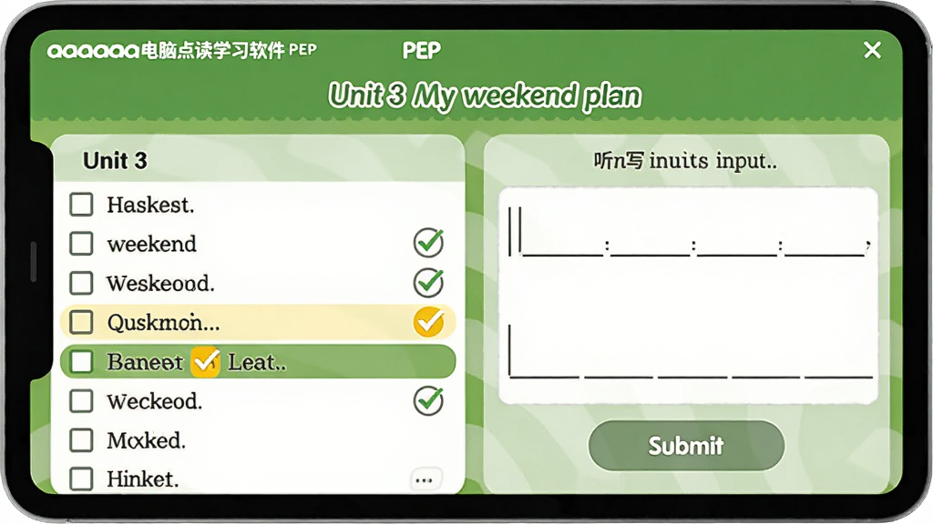 主体:aaa电脑点读学习软件PEP六年级上册的单词听写界面,显示“Unit 3 My weekend plan”词汇列表;布局:左侧为单元词汇表,右侧为听写输入框和提交按钮;排版:词汇表采用勾选式列表,输入框有下划线样式;风格:简约学习风格,绿色背景;细节:当前听写单词高亮显示,已听写单词有对勾标记;画质:干净清晰,无多余元素。