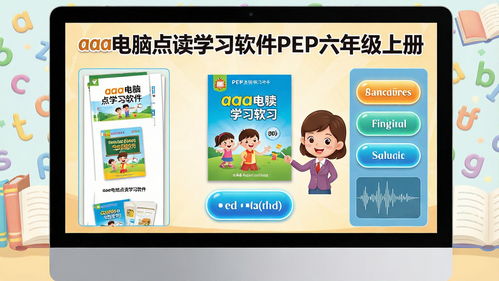 主体:电脑屏幕中显示aaa电脑点读学习软件PEP六年级上册的界面,界面包含英语课本封面、点读按钮和发音波形;布局:左侧为课本页面缩略图,右侧为功能按钮区域,中间有卡通小老师形象;排版:简洁清晰,标题文字“aaa电脑点读学习软件PEP六年级上册”位于界面顶部;风格:卡通教育风格,色彩明亮柔和;细节:界面中的文字清晰可读,按钮带有发光效果,背景有书本和字母元素;画质:高清渲染,干净,无多余元素。