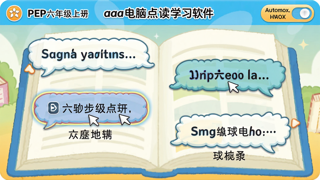主体:aaa电脑点读学习软件PEP六年级上册的课文点读页面,展示一篇英语对话课文,句子下方有中文翻译;布局:课文以对话气泡形式展示,点击句子后气泡变色并出现翻译;排版:对话气泡左右分列,翻译文字较小置于气泡下方;风格:活泼卡通风格,背景有课本图案;细节:播放中的句子带有高亮边框,右上角有自动播放开关;画质:细腻,干净,无多余元素。