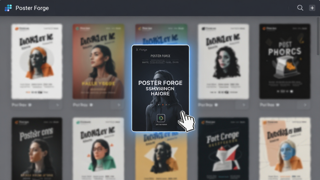 Poster Forge 模板选择界面,展示多张不同风格的海报模板缩略图,鼠标悬停在其中一个模板上,界面高亮,背景虚化,整体视觉效果专业,画质干净,无多余元素,文字标注“Poster Forge”