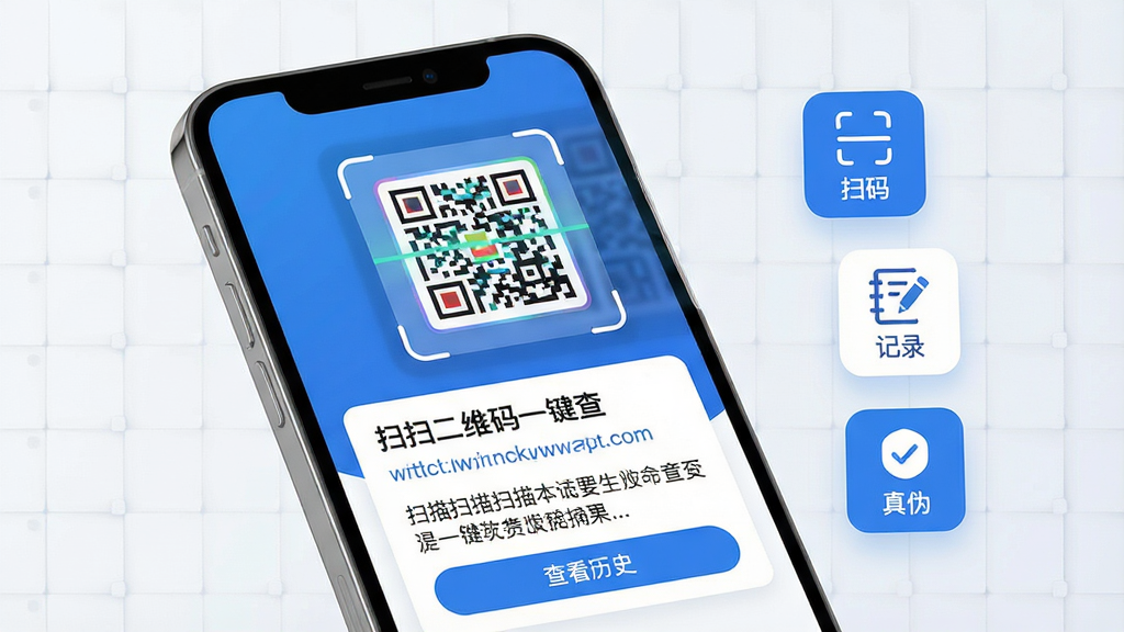 主体:手机屏幕展示“扫扫二维码一键查”主界面,界面顶部有扫描框对准一个彩色二维码,下方显示扫描结果卡片,包含网址链接、文本摘要和“查看历史”按钮。布局:左侧手机模型,右侧悬浮图标展示“扫码”、“记录”、“真伪”三个功能图标。排版:居中构图,手机屏幕内容清晰可读。风格:现代扁平化,蓝白主色调。细节:屏幕文字需写明“扫扫二维码一键查”,二维码图案清晰,背景有轻微网格纹理。画质:高清渲染,干净明亮,无多余元素。