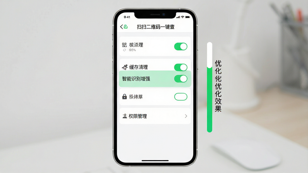主体:手机屏幕展示应用“扫扫二维码一键查”的设置页面,高亮显示“智能识别增强”开关,下方有“缓存清理”、“权限管理”等选项。布局:手机居中,右侧有进度条示意优化效果。排版:列表清晰,开关图标明显。风格:清爽UI,绿色高亮。细节:屏幕顶部需有“扫扫二维码一键查”字样,背景为白色。画质:高清且干净,无多余元素。
