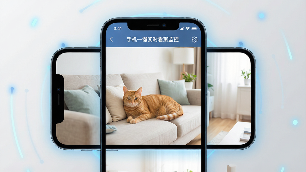一张智能手机屏幕正中央显示着“手机一键实时看家监控”APP的实时预览画面,画面中是明亮整洁的客厅,一只橘猫正趴在沙发上。手机周围有微弱的蓝色科技光晕,背景为浅灰色渐变,整体布局干净清爽,采用现代扁平化风格,细节丰富,画质高清,干净无多余元素。