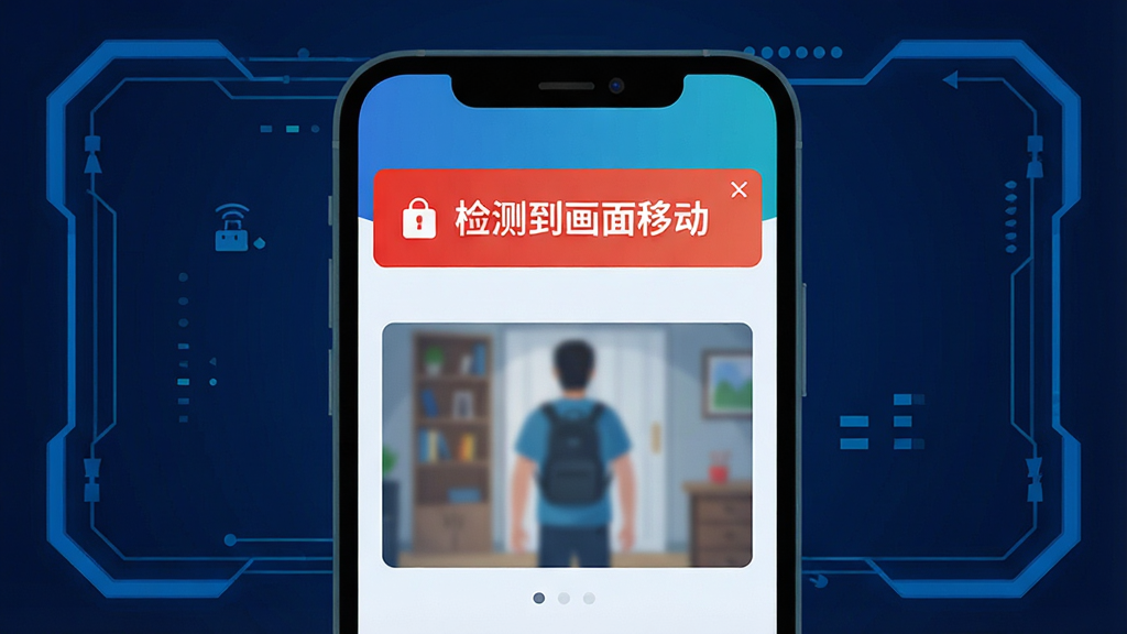 一张“手机一键实时看家监控”的功能示意图,手机屏幕上展示了一条报警通知横幅,上面写着“检测到画面移动”,下方是监控画面的缩略图,画面中有一个模糊的人影。背景为深蓝色科技感边框,构图扁平化,色彩鲜明,文字清晰,画质高清,无多余元素。
