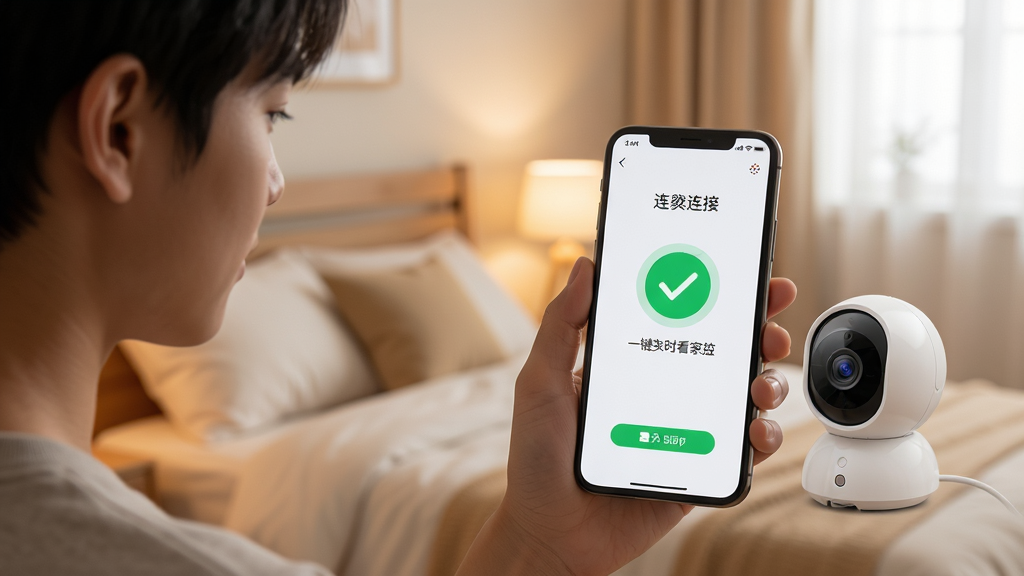 展示“手机一键实时看家监控”APP的启动界面,一位年轻人正手持手机,屏幕上显示设备连接成功的动画,绿色的对勾图标清晰可见,旁边有一台小巧的白色家用摄像头。背景是温馨的卧室环境,构图以人物和手机为中心,光线柔和,风格写实,画质清晰干净,无多余元素。