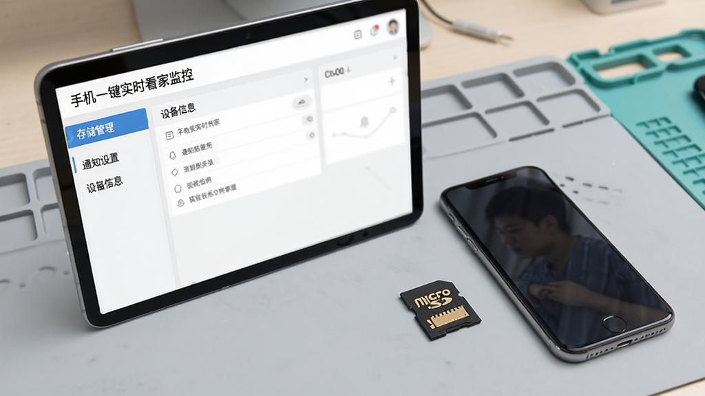 一张展示“手机一键实时看家监控”软件后台管理界面的截图,屏幕上有“存储管理”、“通知设置”和“设备信息”等菜单选项。旁边有一张MicroSD存储卡和一部智能手机。背景为浅灰色的工作台,风格简洁写实,光线均匀,画质干净,无多余元素。