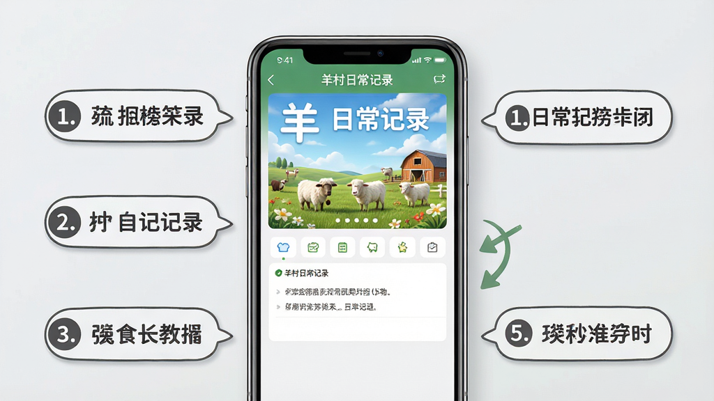 主体:羊村日常记录软件使用教程场景,手机屏幕显示操作步骤,旁边有文字注释气泡。布局:手机居中,屏幕放大显示操作界面,周围有步骤序号标识和箭头指引。排版:图文结合,步骤说明清晰,从上到下排列。风格:教学风格,简洁明亮,背景为浅灰色。细节:屏幕上的界面元素与实际软件一致,有“羊村日常记录”字样,气泡内文字清晰。画质:高清,干净,无多余元素。