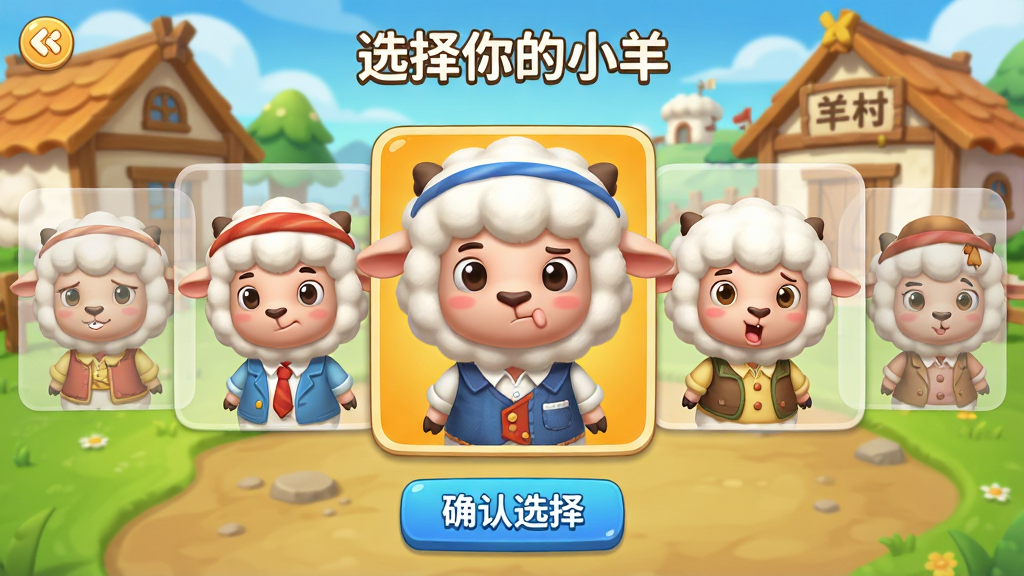 主体:羊村日常记录应用内的角色选择界面,展示多只可爱的小羊角色,每只小羊穿着不同服装,背景有羊村标志性建筑。布局:界面采用横向滑动卡片式布局,当前选中的小羊放大居中显示,其余小羊在两侧半透明展示。排版:上方有“选择你的小羊”标题,下方为角色卡片,底部有“确认选择”按钮。风格:游戏UI风格,色彩鲜艳,Q版卡通渲染。细节:小羊毛发细腻,表情各异,按钮有立体感,背景建筑有“羊村”字样。画质:高清晰度,干净,无多余元素。