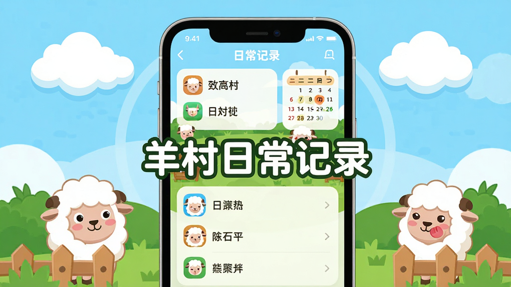 主体:羊村日常记录软件界面,包含可爱的羊村卡通形象和手机界面设计,画面中央显示“羊村日常记录”字样。布局:手机屏幕作为主视觉,屏幕内展示记录列表、日历标记和卡通羊村背景,屏幕周围有云朵、青草和栅栏装饰。排版:居中构图,手机屏幕占画面主体,周围元素环绕点缀。风格:清新卡通,色彩明亮,扁平化设计,适合应用商店宣传图。细节:手机屏幕上的文字清晰可读,界面图标圆润,羊村角色表情生动,画面干净。画质:高清渲染,干净,无多余元素。
